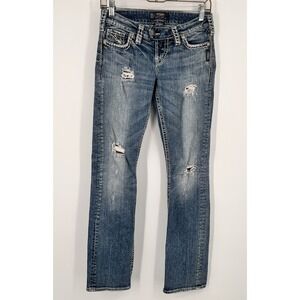 Silver Jeans Womens 26x31 Blue Mid Slim Distressed Boot Stretch Denim Faded